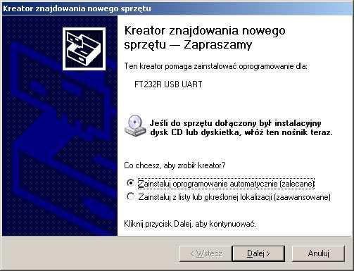 Aby zainstalować sterowniki wirtualnego portu szeregowego w systemie operacyjnym Windows XP należy uzyskać dostęp do Internetu, podłączyć kasę