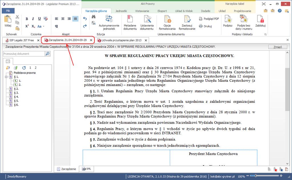 klawiszowy Ctrl+s: Pomiędzy otwartymi dokumentami w Legislatorze