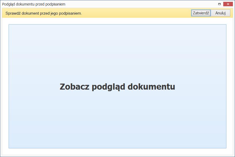 Przedostanie okno to możliwość podglądu podpisywanego aktu (po wciśnięciu Zobacz podgląd dokumentu).