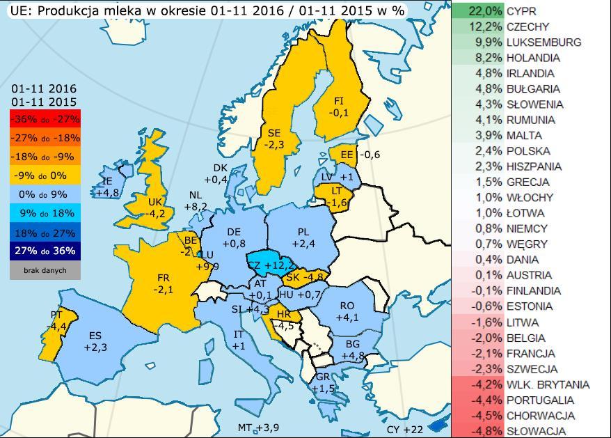 8 II. SYTUACJA NA WYBRANYCH RYNKACH UNIA EUROPEJSKA Ograniczenie produkcji mleka, mocny eksport, rosnące ceny, duże zapasy OMP W okresie IV kwartału 2016 roku wyprodukowano 35,5 mln ton mleka, to