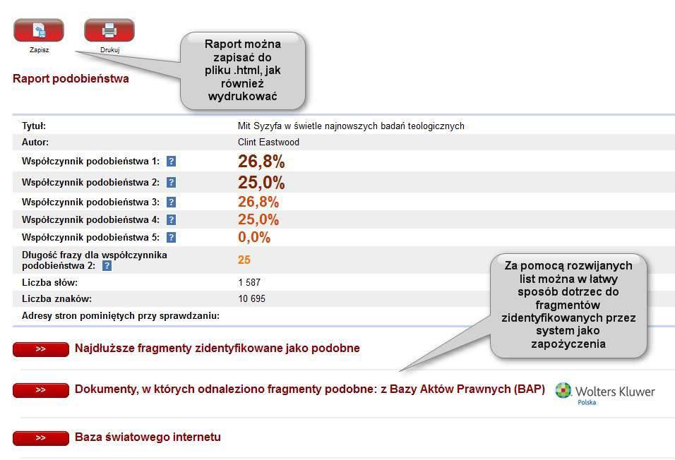 wybrać ikonę Raport skrócony lub Raport pełny w kolumnie Raport Przykładowy Raport podobieństwa w wersji pełnej znajduje się poniżej (Ilustracja 8). Strona 10 Ilustracja 8.