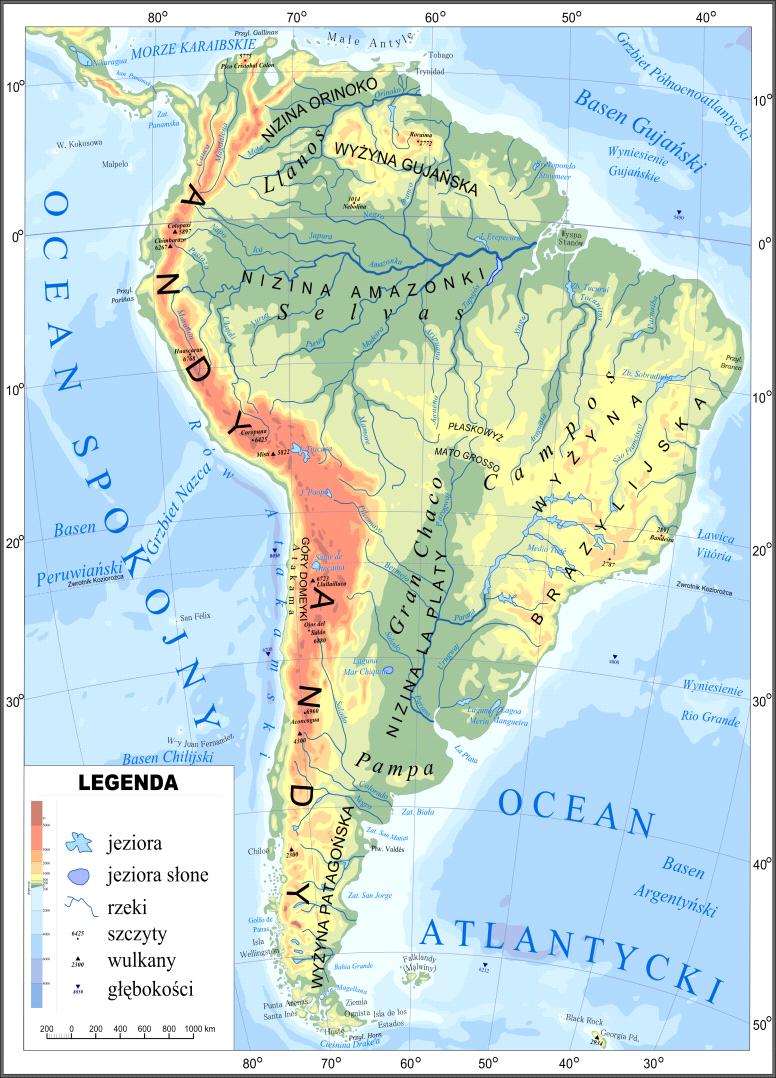 Ameryka Południowa, czyli czwarty kontynent pod względem zajmowanej powierzchni na ziemi. Kontynent ten ma 17,8 mln km 2 Mieszka tam około 382 mln ludzi.