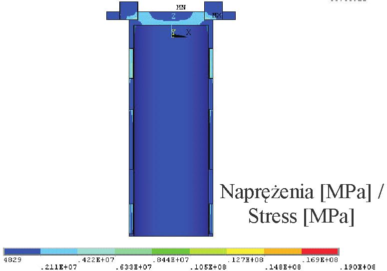 The analysis of operating conditions for valves... Fig. 37. Gradient of stresses in the elements of valve blocked drive assembly, configuration 1, variant 1 Rys. 37. Rozkład naprężeń wypadkowych w elementach układu zawory napęd zblokowany, konfiguracja 1, wariant 1 Fig.