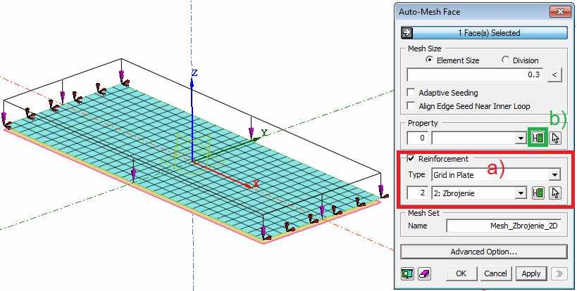 Jeszcze raz z menu Mesh wybieramy Auto-Mesh -> Face a) Wprowadzamy rozmiar oczka siatki i zaznaczamy haczykiem opcję Reinforcement.