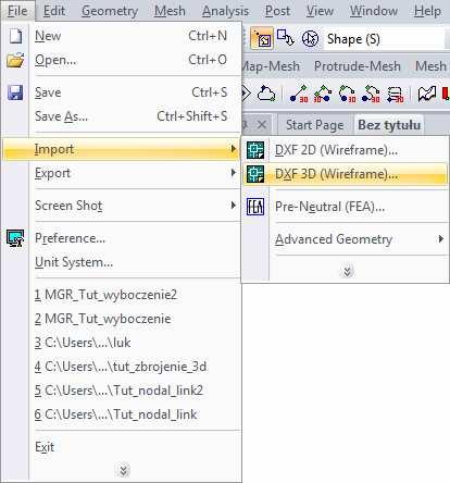 2. Otwieramy program Midas i tworzymy nowy plik. Z menu File wybieramy Import -> DXD 3D (Wireframe) 3. Pojawi nam się okno ze szczegółami importu (rysunek powyżej).