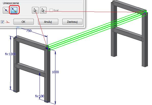 6) Połączyć dwa narożniki konstrukcji ramowej za pomocą umieszczenia Wstaw elementy między