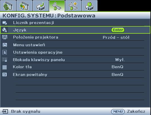 Ikona menu głównego Menu główne Podświetlenie Podmenu Stan Aktualny sygnał wejściowy Naciśnij przycisk MENU/ EXIT, aby powrócić do poprzedniej strony lub wyjść z menu.