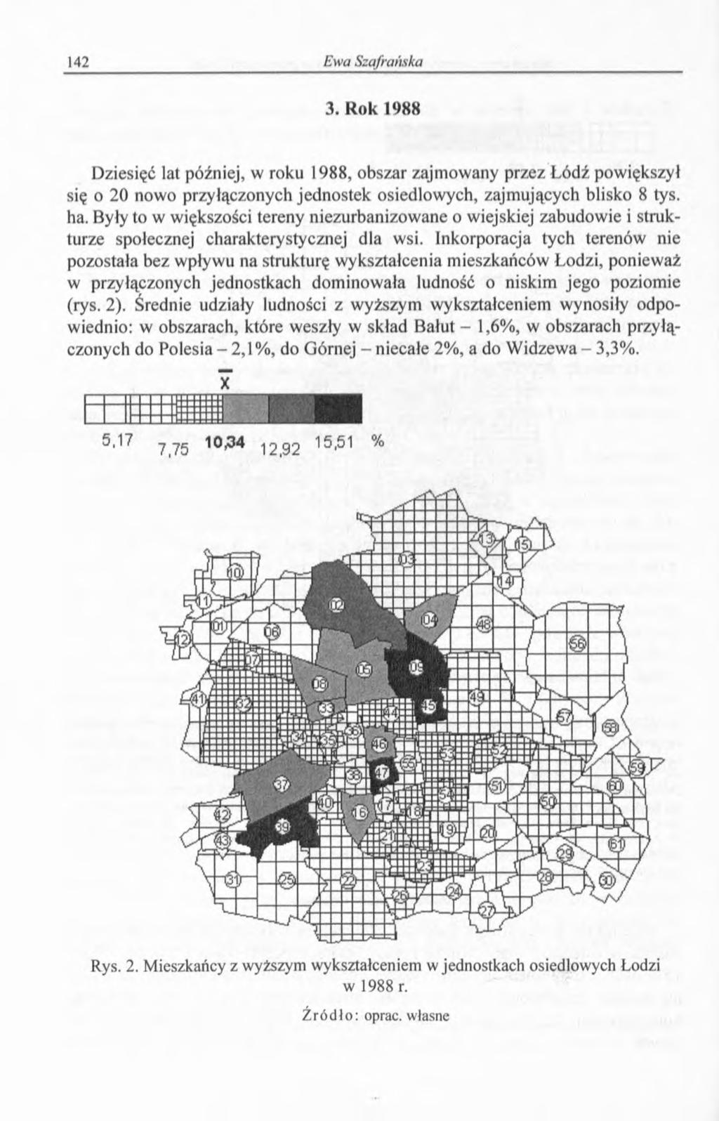 3. Rok 1988 Dziesięć lat później, w roku 1988, obszar zajmowany przez Łódź powiększył się o 20 nowo przyłączonych jednostek osiedlowych, zajmujących blisko 8 tys. ha.