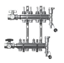 Wodne ogrzewanie podłogowe Rozdzielacze - zestawy 4 Rozdzielacze do ogrzewania podłogowego Rozdzielacz 1 z wkładkami zaworowymi typu RA, uchwytami montażowymi, końcówką spustową z odpowietrznikiem