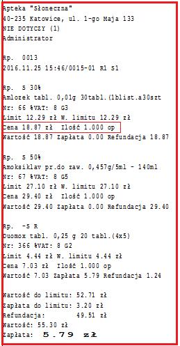 KS- Rys.13 Podgląd/Wydruk nadruku recepty po wykonaniu korekty dodatniej Zgodnie z rys.13 taksacja uwzględnia skorygowaną ilość (sprzedano 2 op.