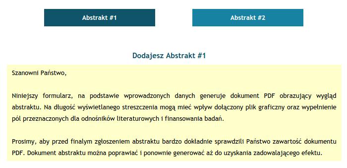 Drugim sposobem na dostanie się do formularza zgłaszania abstraktów jest kliknięcie w przycisk Zgłoś abstrakt, umieszczony w prawym górnym rogu, w Panelu Zarządzania kontem uczestnika: Użytkownik