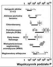 substancji wysoce hydrofobowych. Na rysunku 2 przedstawiono zakres wartości wspñłczynnika podziału dla wybranych związkñw. Rysunek 2 Wartości wspâłczynnika podziału P wybranych związkâw.
