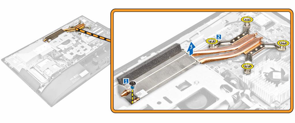 Instalowanie radiatora 1. Dopasuj radiator i umieść go na miejscu. 2. Wkręć śruby mocujące radiator do komputera. 3. Zainstaluj następujące elementy: a. osłona płyty systemowej b. pokrywa tylna c.