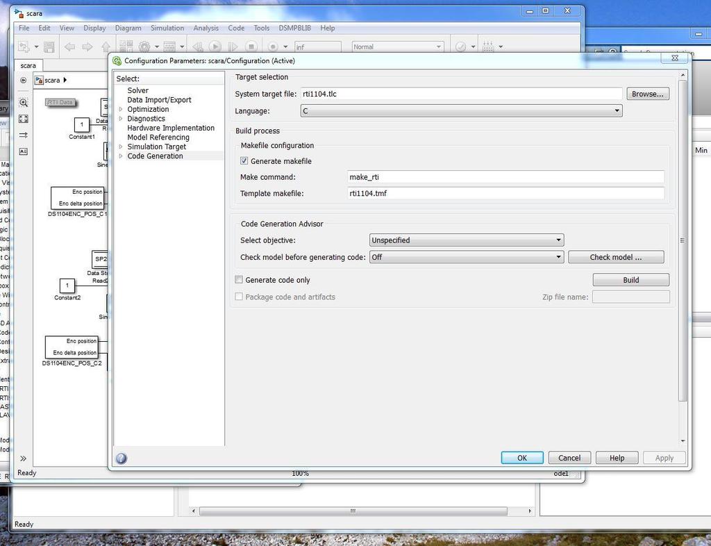 2. Strona Code Generation. Rys.7 Okno dialogowe Simulation zakładka Code Generation Pole System target file (plik rti1104.