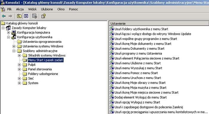 i sieci komputerowe Szymon Wilk Konsola MMC 7 d) zmiany w menu Start i pasku zadań Konfiguracja użytkownika Szablony