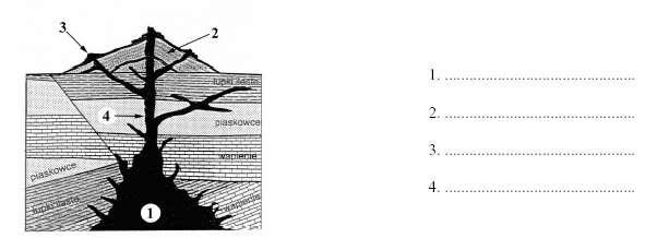 Zadanie 4. (2 pkt) Załączony przekrój ilustruje między innymi budowę wulkanu. Wpisz nazwy elementów jego budowy oznaczonych na rysunku numerami 1, 2, 3, 4. Zadanie 5.