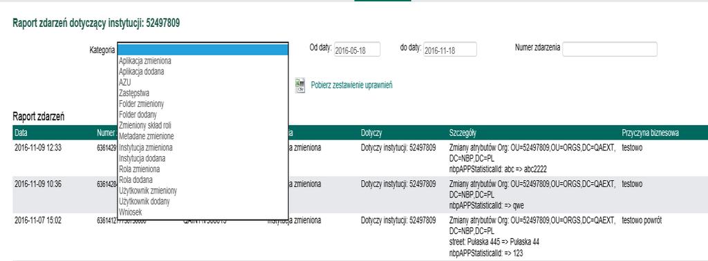 Zdarzenia dotyczące instytucji pozwala na przejście do strony raportowania AZU, gdzie dostępna jest lista wszystkich zdarzeń dotyczących danej