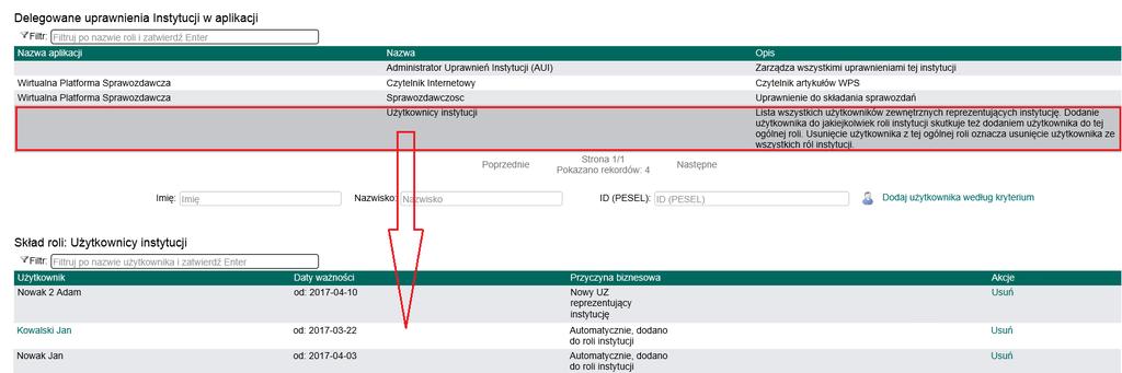 Dodatkowo w tej sekcji znajdują się wydelegowane role aplikacji, do których AUI może dodawać UZ.