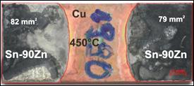 15 s; d) Sn-90Zn/Cu, T = 450 C, t = 15 s; e) Sn-95Zn/Cu, T = 410 C, t = 15 s; f) Sn-95Zn/Cu, T = 450 C, t = 15 s Fig. 5.