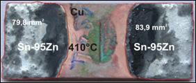 5Zn/Cu, T = 250 C, t = 15 s; c) Sn-90Zn/Cu, T = 400 C, t = 15 s; d) Sn-90Zn/Cu, T = 450 C, t = 15 s; e) Sn-95Zn/Cu, T = 410 C, t = 15 s; f) Sn-95Zn/Cu, T = 450 C,