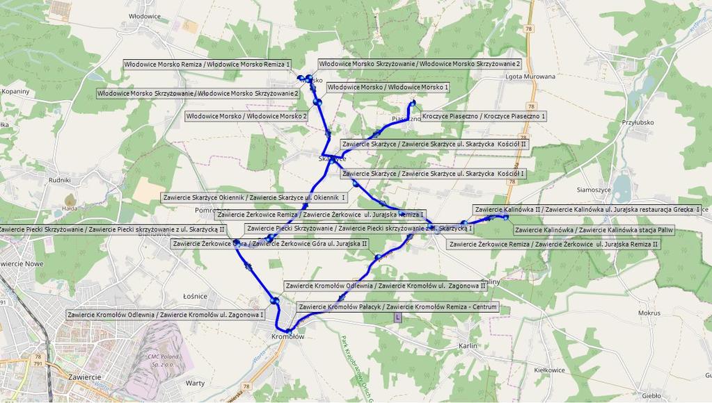 Linia L / Linia J - powrót po śladzie linii L Przebieg: Kromołów Pałacyk- Kromołów odlewnia- Piecki skrzyżowanie- Piecki- Skarżyce- Włodowice Morsko- Włodowice Morsko skrzyżowanie- Włodowice Morsko