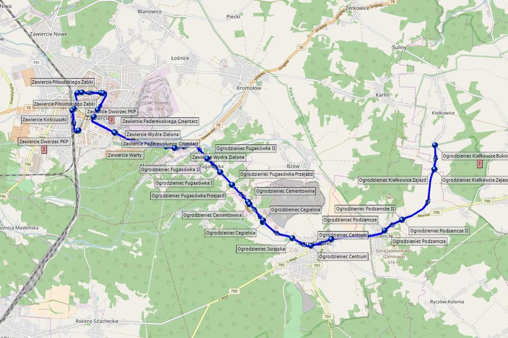 Linia K Przebieg: Dworzec PKP- Kościuszki- Piłsudskiego Telekomunikacja- Piłsudskiego Żabki- Leśna MOK- Zawiercie cmentarz- Warty- Warty browar- Wydra Zielona- Ogr. Fugasówka II- Ogr.