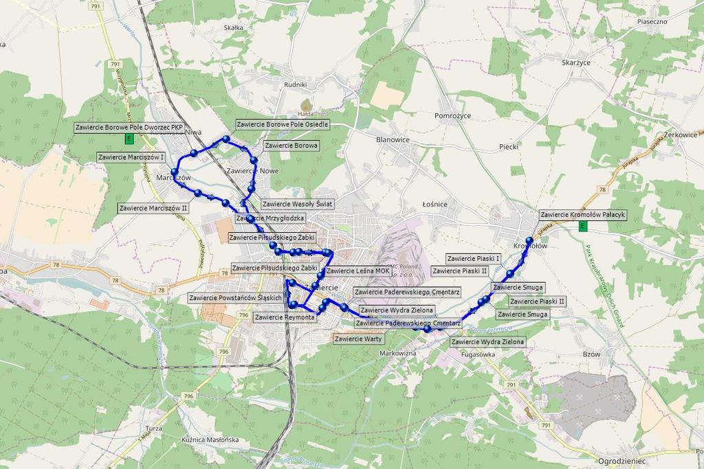 Linia E Przebieg: Kromołów Pałacyk- Piaski I- Piaski II- Smuga- Wydra zielona- Warty basen- Warty- Paderewskiego cmentarz- Reymonta- Dworzec PKP- Powstańców Śląskich- Leśna OŻC- Piłsudskiego Żabki-