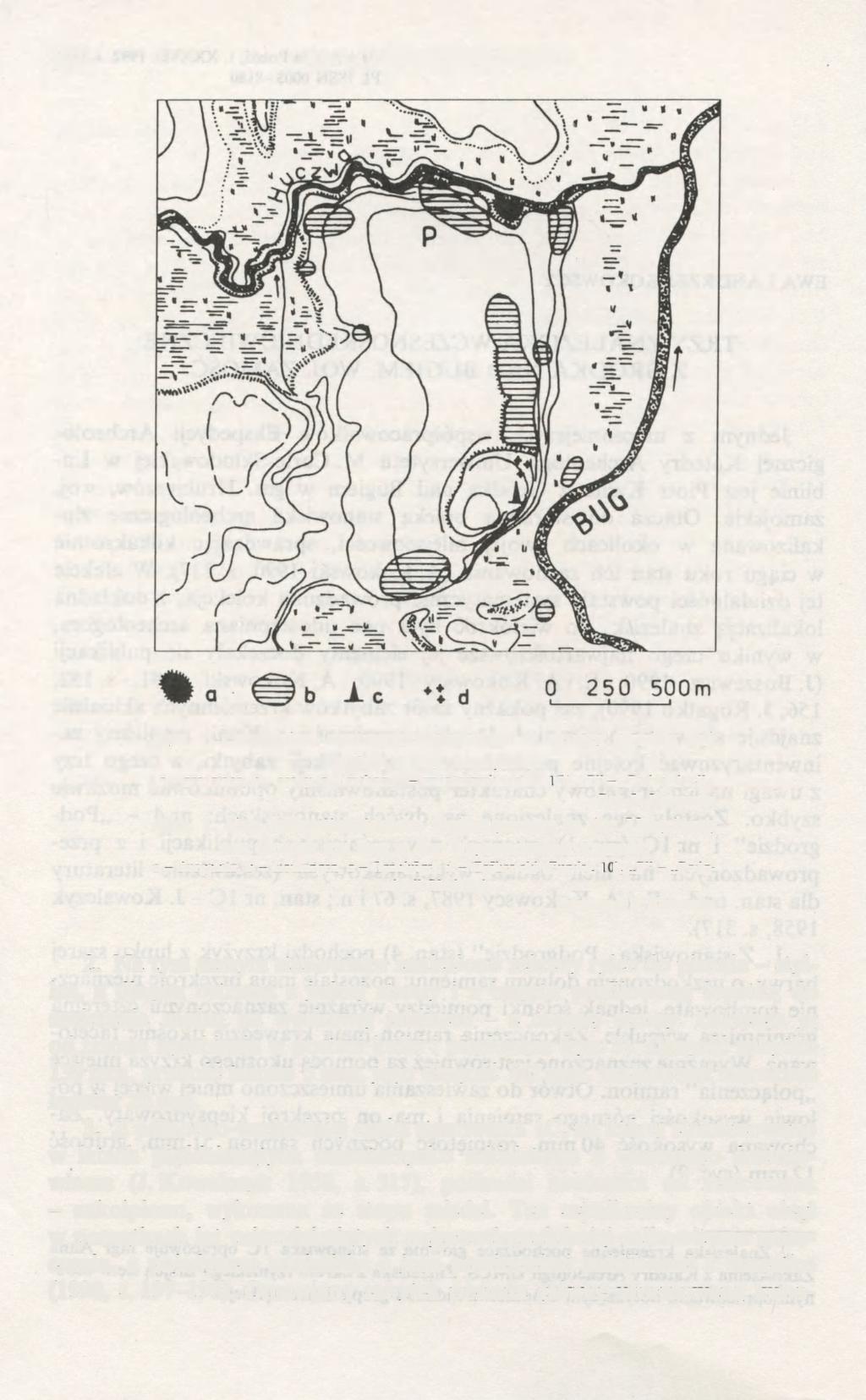 210 EWA i ANDRZEJ KOKOWSCY Ryc. 1. Osadnictwo wczesnośredniowieczne w okolicy Gródka nad Bugiem w woj. zamojskim; a - grodzisko, b - osady, c - kurhan, d - cmentarzysko (stan. 1C), P" - Podgrodzie".