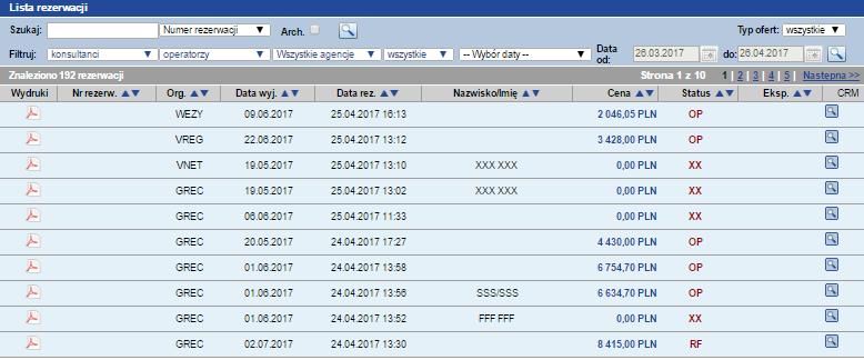 Rys. 5 Lista rezerwacji STATUSY REZERWACJI W MERLINX: OK REZERWACJA POTWIERDZONA RF REZERWACJA