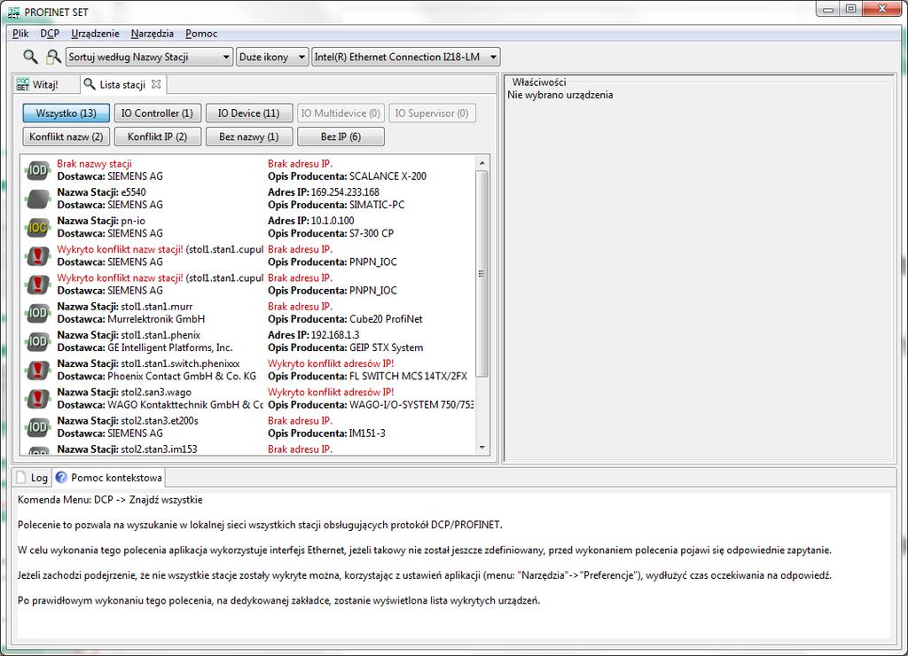 Detekcja problemów z wykorzystaniem PROFINETSET Aplikacja PROFINETSET pozwala na wykrycie: urządzeń, którym nie zostały