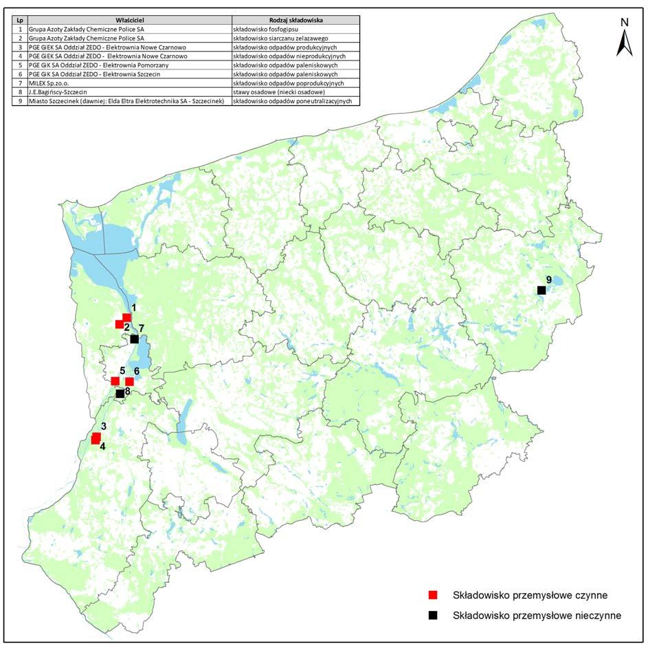 Mapa 6.1. Składowiska przemysłowe w województwie zachodniopomorskim stan na 31.12.2014 r.