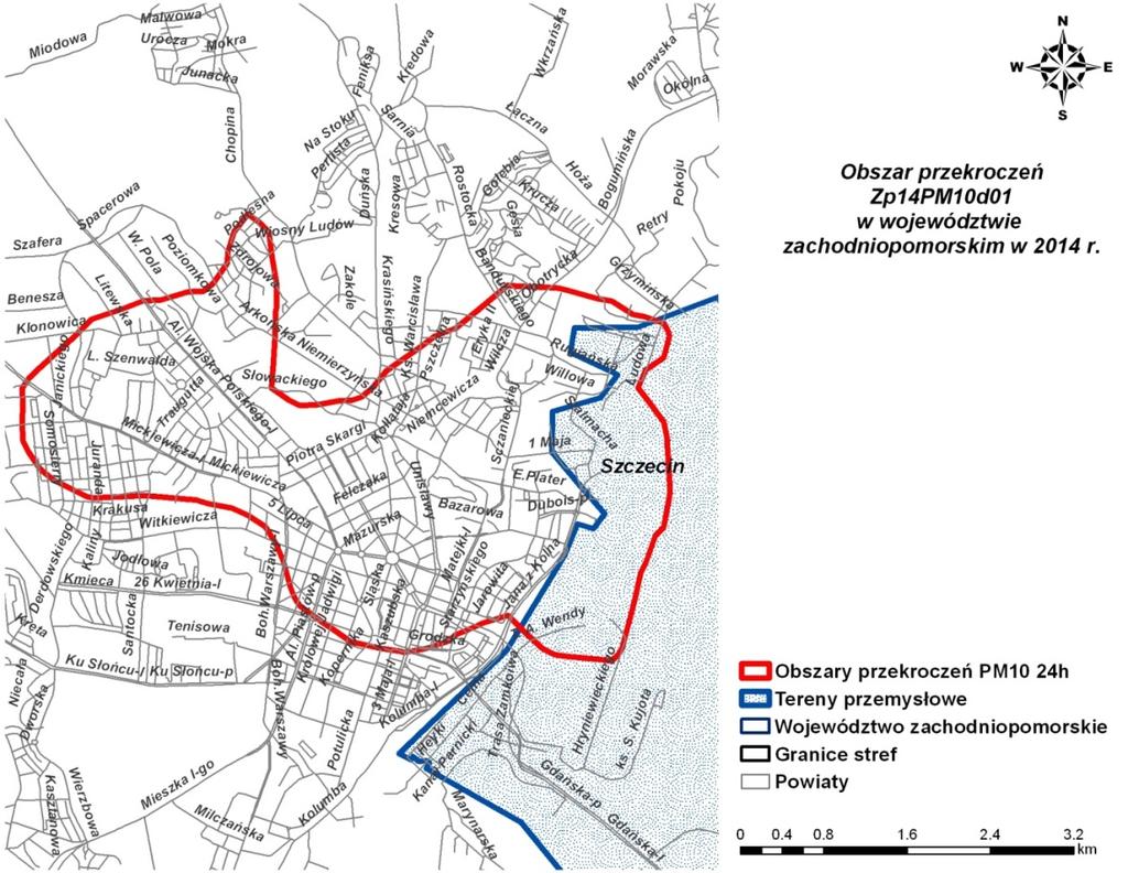 Mapa 2.8. Obszar przekroczeń poziomu dopuszczalnego przez stężenia 24-godzinne dla pyłu PM10 w powietrzu, zidentyfikowane w ocenie jakości powietrza za 2014 r.