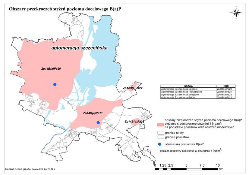 Benzo(a)piren obszary przekroczeń Obszary przekroczeń poziomu docelowego przez średnioroczne stężenie benzo(a)pirenu, zidentyfikowane w rocznej ocenie jakości powietrza za 2014 rok na obszarach: