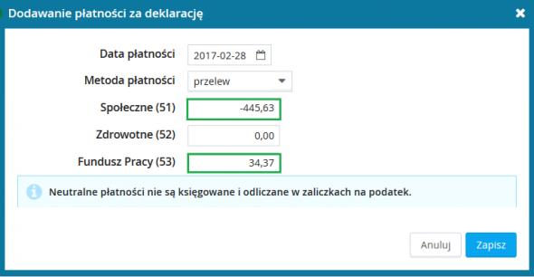 Neutralna płatność - rozliczenie nadpłaty składek ZUS W systemie jest możliwość dodania neutralnej płatności do deklaracji ZUS.