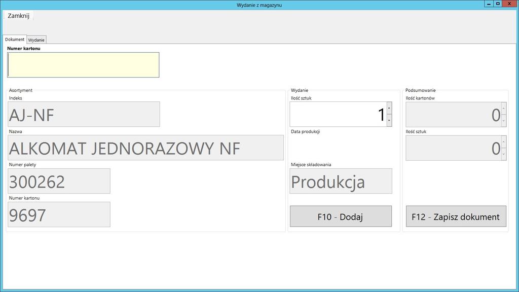 Użytkownik określa ilość sztuk znajdującą się w kartonie, datę produkcji, numer partii produkcyjnej oraz skanuje kod kreskowy pudełka (kartonu lub innej jednostki logistycznej).