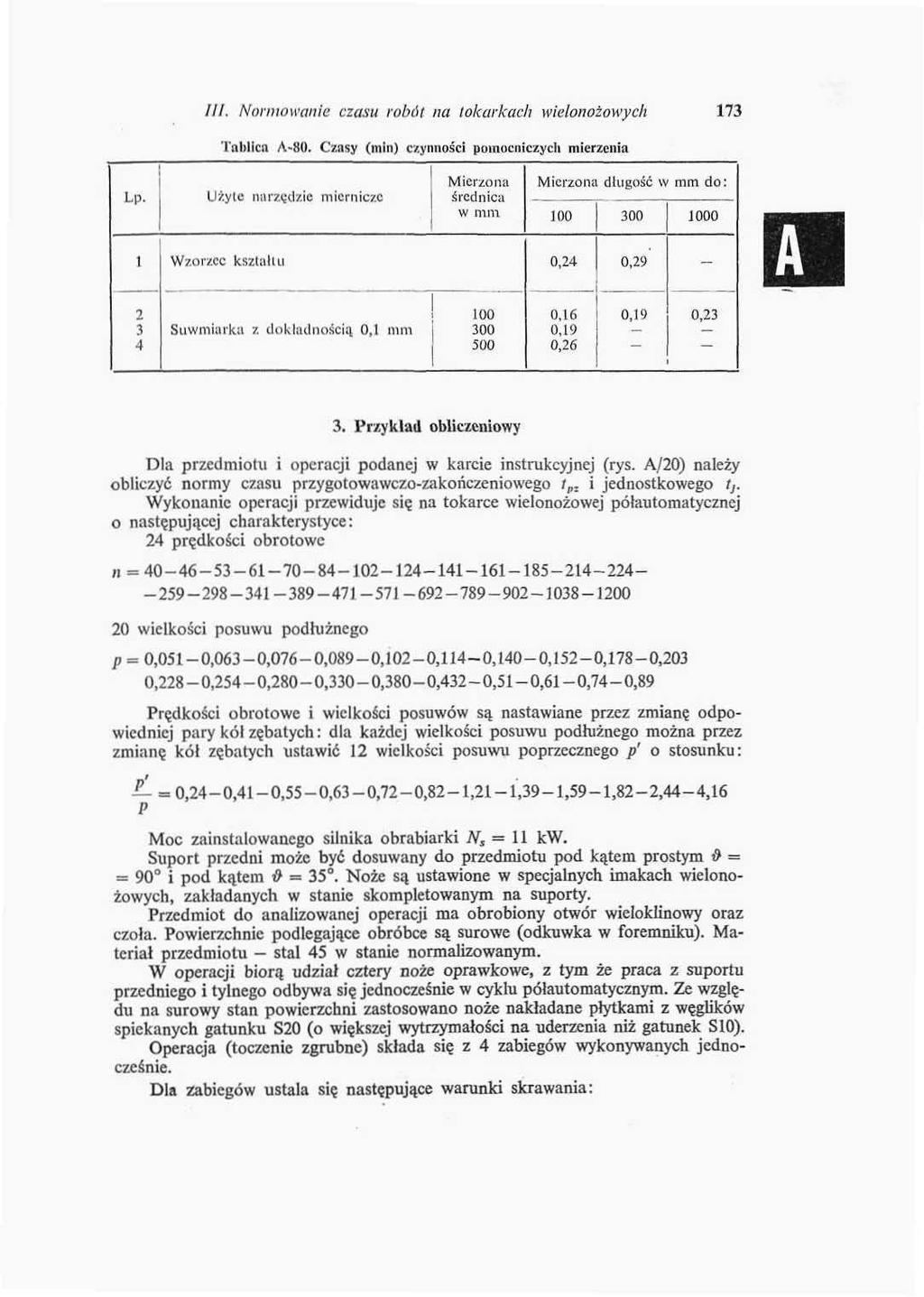 ///. Normowanie czasu robót na tokarkach wietonożowych 73 Tnblica A-80. Czasy (min) czynności pomocniczych mierzenia Lp.