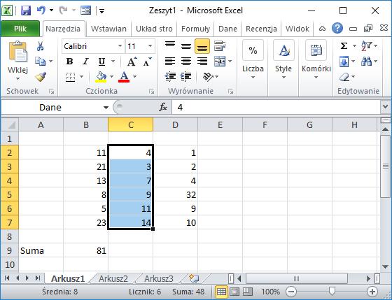 [10/27] Excel 5. W komórce C9 zostanie obliczona wartość sumy (48). 2 1 Rysunek 15.