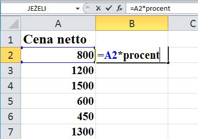Klikamy kartę Formuły i w grupie Nazwy zdefiniowane klikamy Menedżer nazw 3. W nowym oknie w polu Nazwa wpisujemy procent, a w polu Odwołuje się do wpisujemy 20% 4.