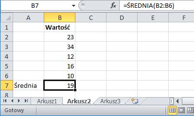 [16/27] Excel W zakresie B2:B6, zapisane są pewne liczby. Formuła: =ŚREDNIA(B2:B6) pozwala obliczyć w komórce B7 średnia arytmetyczną tych liczb.