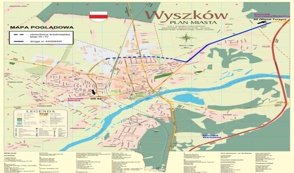 Rys. 4.Mapa miasta Wyszkowa ze wskazanym przebiegiem obwodnicy etap III i IV Źródło: dane udostępnione przez Partnera BUDOWA UKŁADU DROGOWO-INFRASTRUKTURALNEGO TERENÓWINWESTYCYJNYCH PSG CHORZELE.