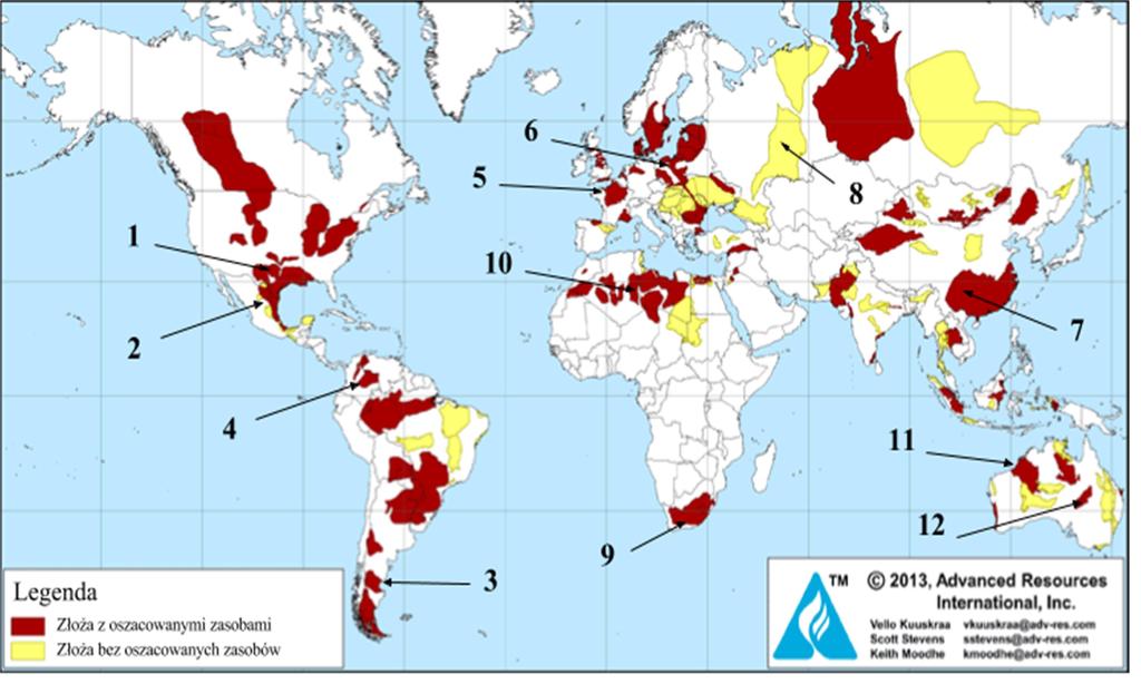 Ryc. 3. Mapa przedstawiająca potencjalne złoża gazu z łupków na świecie wraz z wybranymi złożami z tabeli 2. ponumerowanymi 1-12.