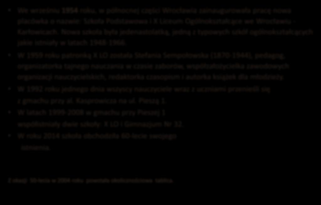 W roku patro ką X LO została Stefa ia Se połowska -1944), pedagog, orga izatorka taj ego au za ia w zasie za orów, współzałoży ielka