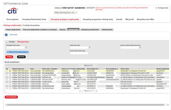 CitiManager Skrócona instrukcja obsługi dla Administratorów programu Resetowanie wyszukiwania Resetuj hasło 3.