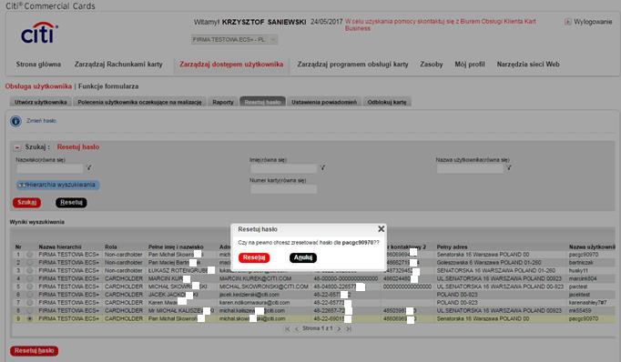 Możesz wyszukiwać według nazwiska, imienia, nazwy Użytkownika lub numeru karty.