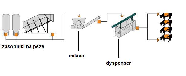 Schemat funkcjonowania automatycznego systemu żywienia krów mlecznych (uproszczony) Natomiast niewątpliwą zaletą jest możliwość precyzyjnego, dawkowania wszystkich komponentów dawki.