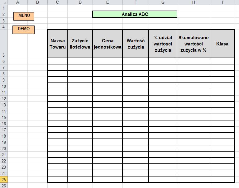 6. Klikamy na przycisk Wprowadź dane. Pojawia się arkusz, który przedstawia Rysunek 2. Rysunek 2. Tabela danych do analizy ABC Dodajemy do Arkusza_2 przyciski, jak na Rysunku 2.
