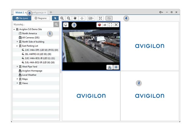 Rysunek 1: Okno aplikacji Avigilon Control Center Client Funkcje w oknie Aplikacja Obszar Opis Wyświetlane są w nim wszystkie elementy systemu monitoringu.