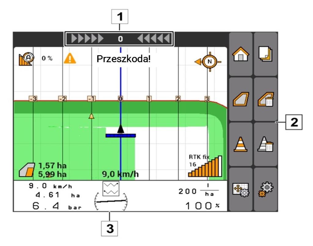 K Korzystanie z GPS-Switch Przegląd aplikacji GSP-Switch 1 Ostrzeżenie o granicy pola 2 Kompas 3 Obrobiona powierzchnia na jasnozielono, podwójnie obrobiona powierzchnia na ciemnozielono 4 Symbol
