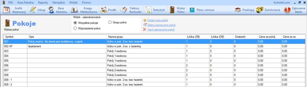 Jak stworzyć takie same grupy pokoi w programie KWHotel? 1. Zaloguj się do KWHotel jako użytkownik z uprawnieniami administratora i przejdź do Wykazu pokoi. 2.