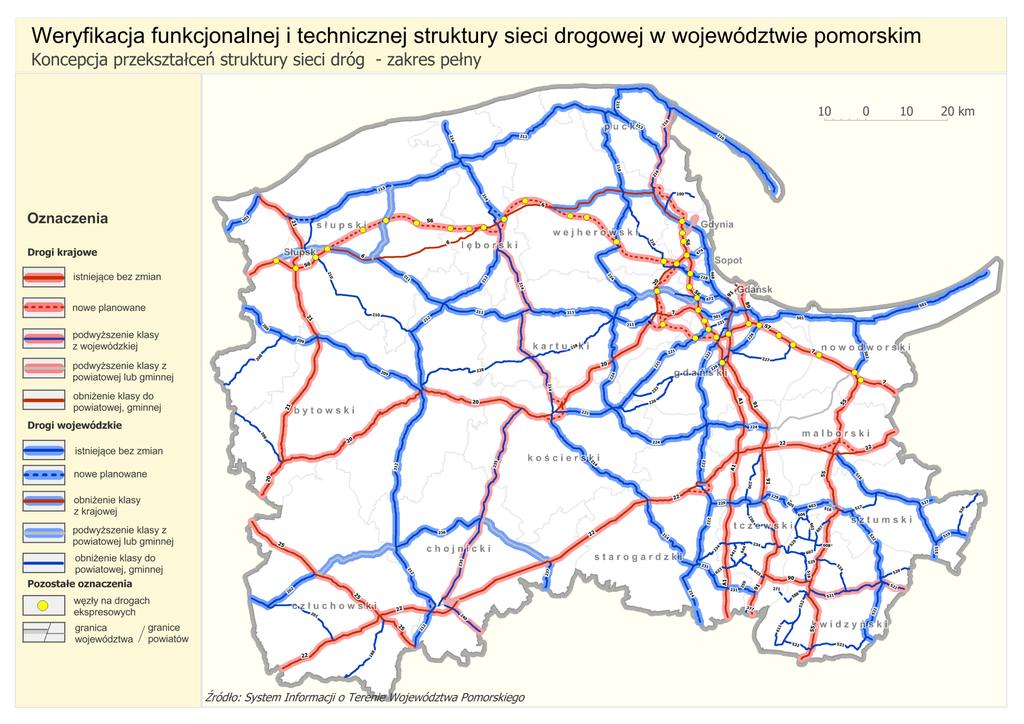 Zakres pełny przekształceń: charakteryzuje się zdecydowanym podejściem do zmian struktury sieci, obejmujący podniesienie kategorii wybranych dróg wojewódzkich, usunięcie z sieci dróg wojewódzkich